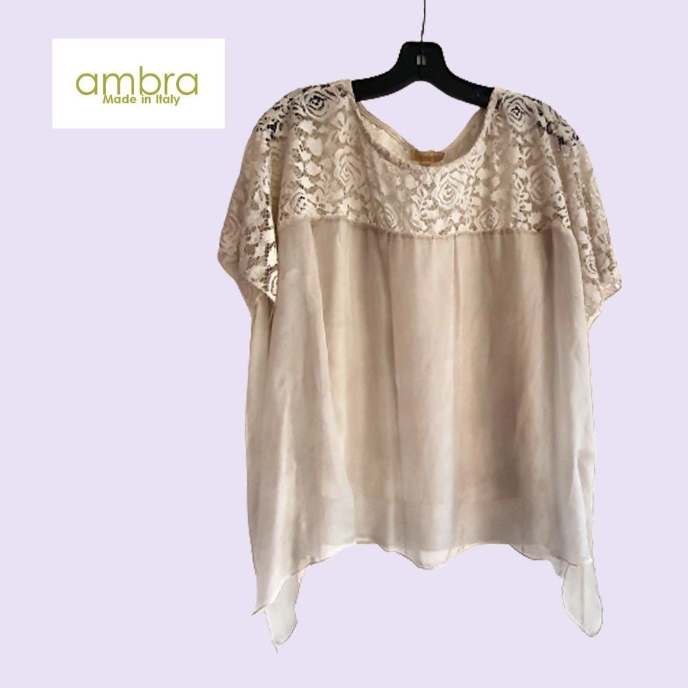AMBRA ITALY NEW Romantic Roses Laced Yoke 100% Silk Short-Sleeve Blouse L